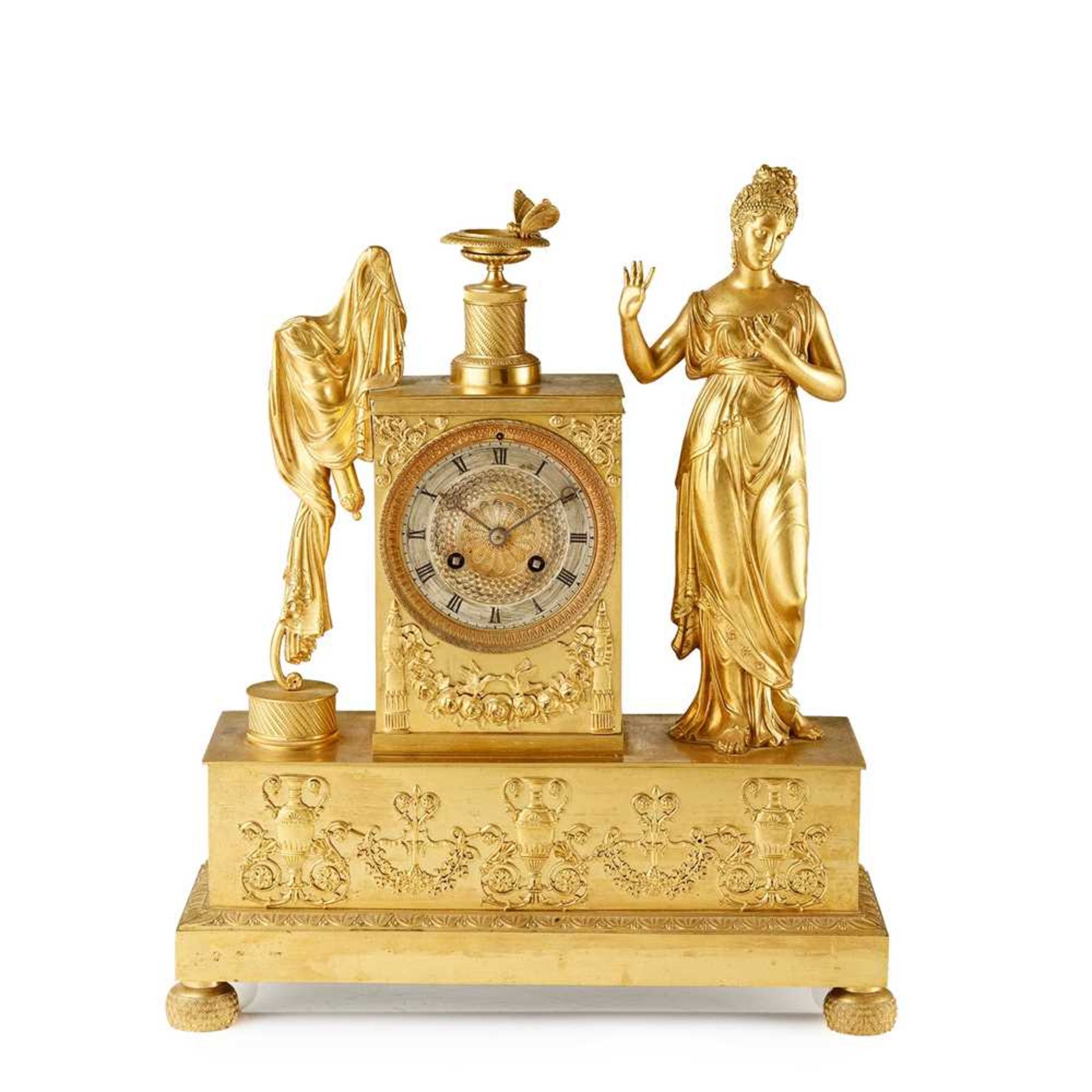 FRENCH EMPIRE FIGURAL GILT METAL MANTEL CLOCK EARLY 19TH CENTURY
