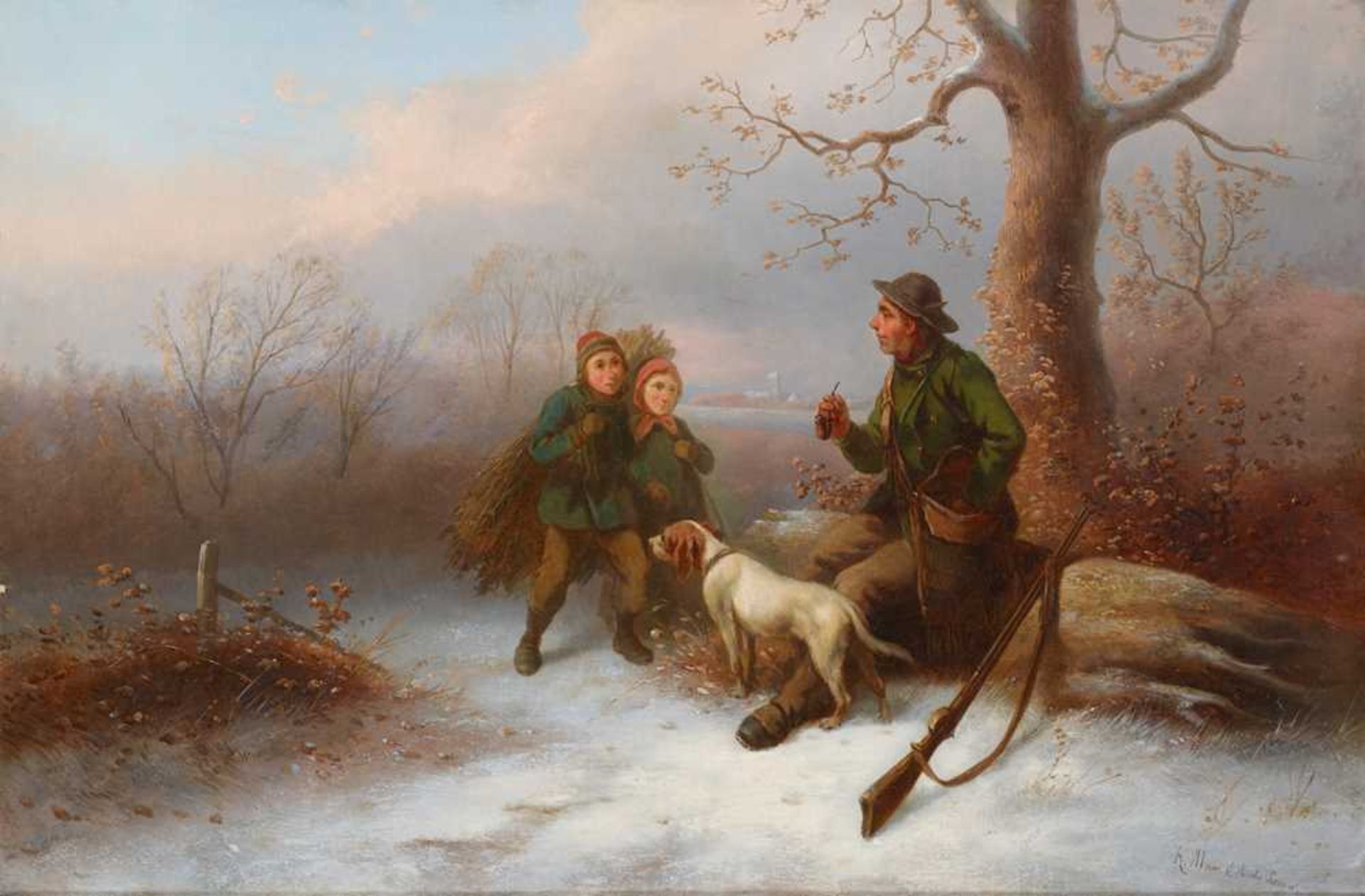 ALEXIS DE LEEUW (BELGIAN 1822-1900) GATHERING FIREWOOD IN THE SNOW
