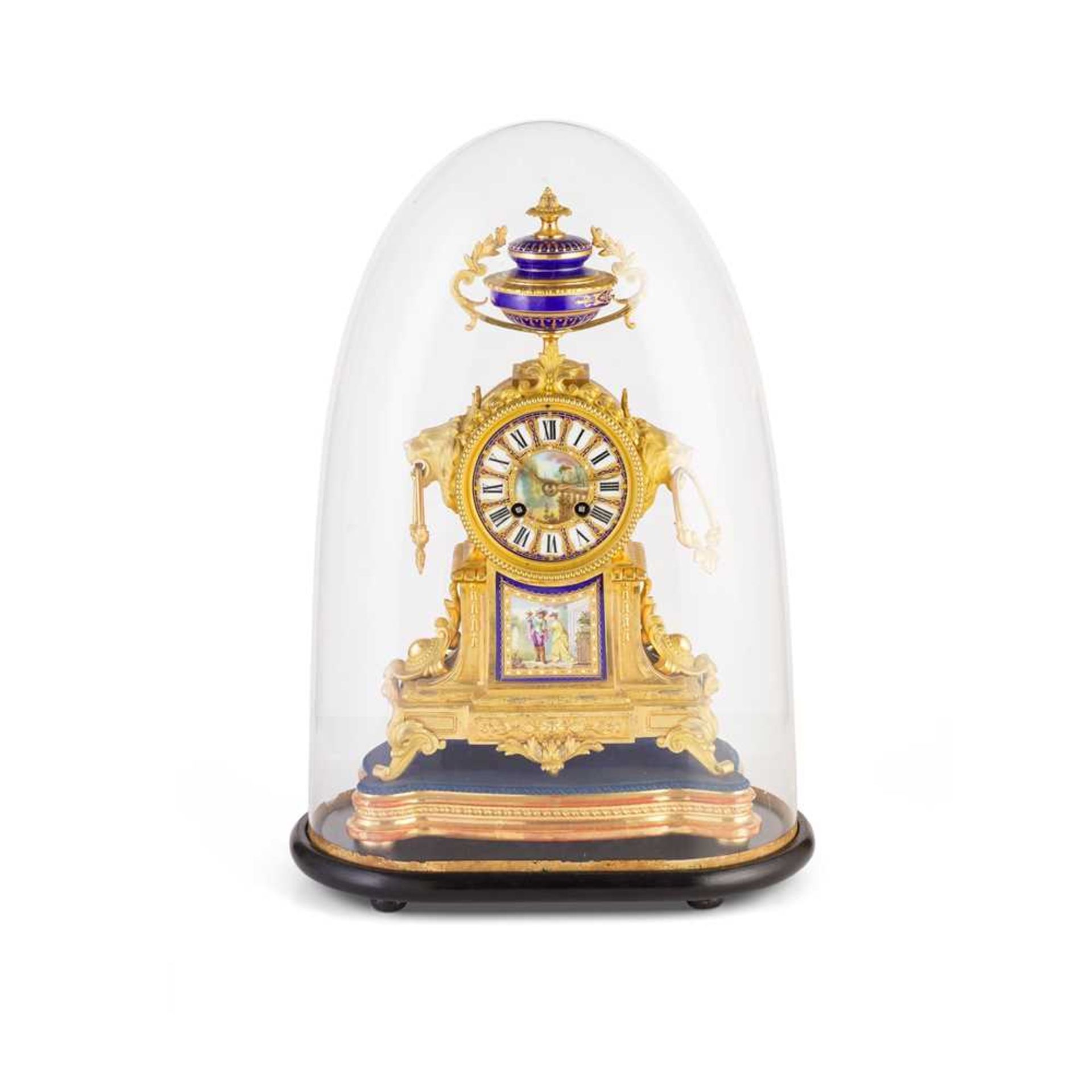 FRENCH GILT METAL AND PORCELAIN MOUNTED MANTEL CLOCK 19TH CENTURY