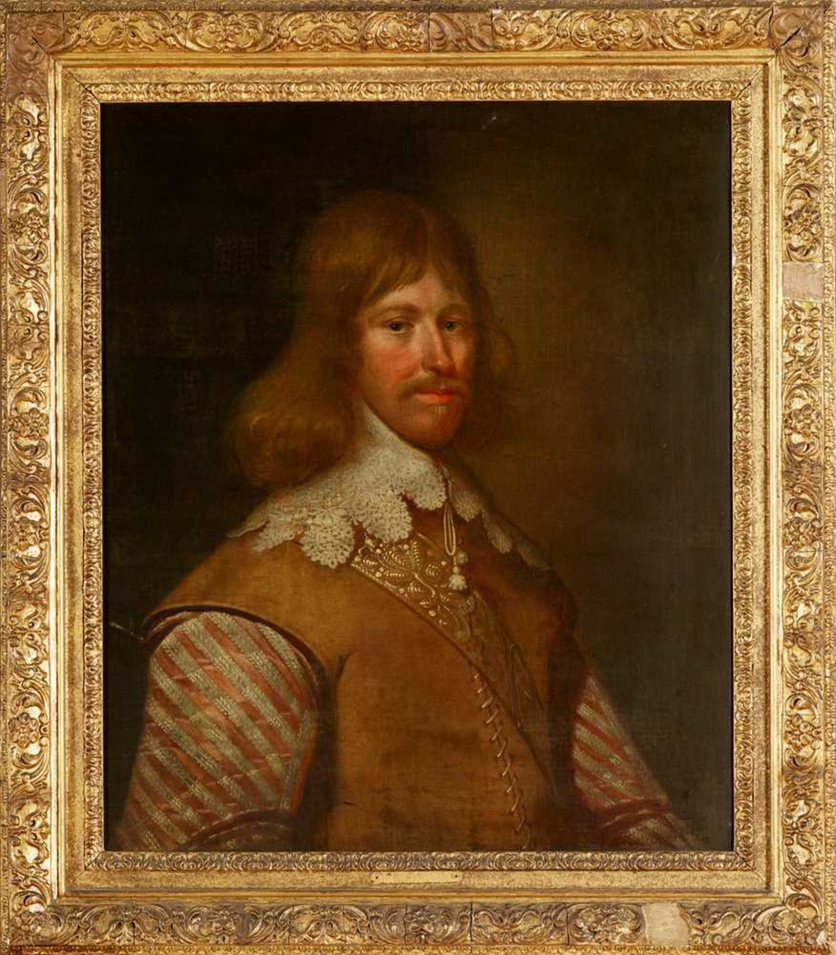 MANNER OF GEORGE JAMESONE HALF LENGTH PORTRAIT OF A MAN IN LEATHER JERKIN AND LACE COLLAR - Image 2 of 3