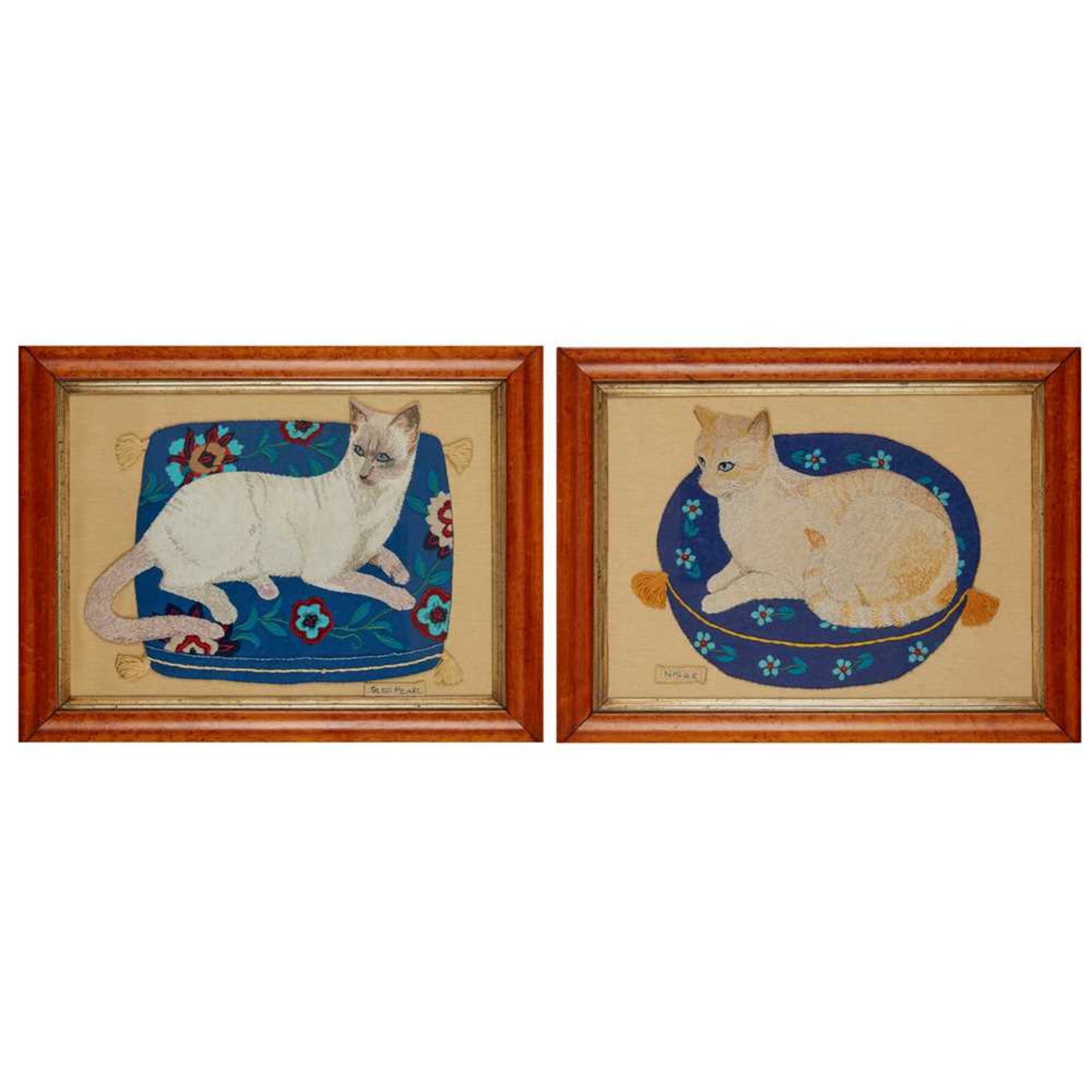 TWO VICTORIAN NEEDLEWORK AND FELT PICTURES OF CATS ON CUSHIONS 19TH CENTURY