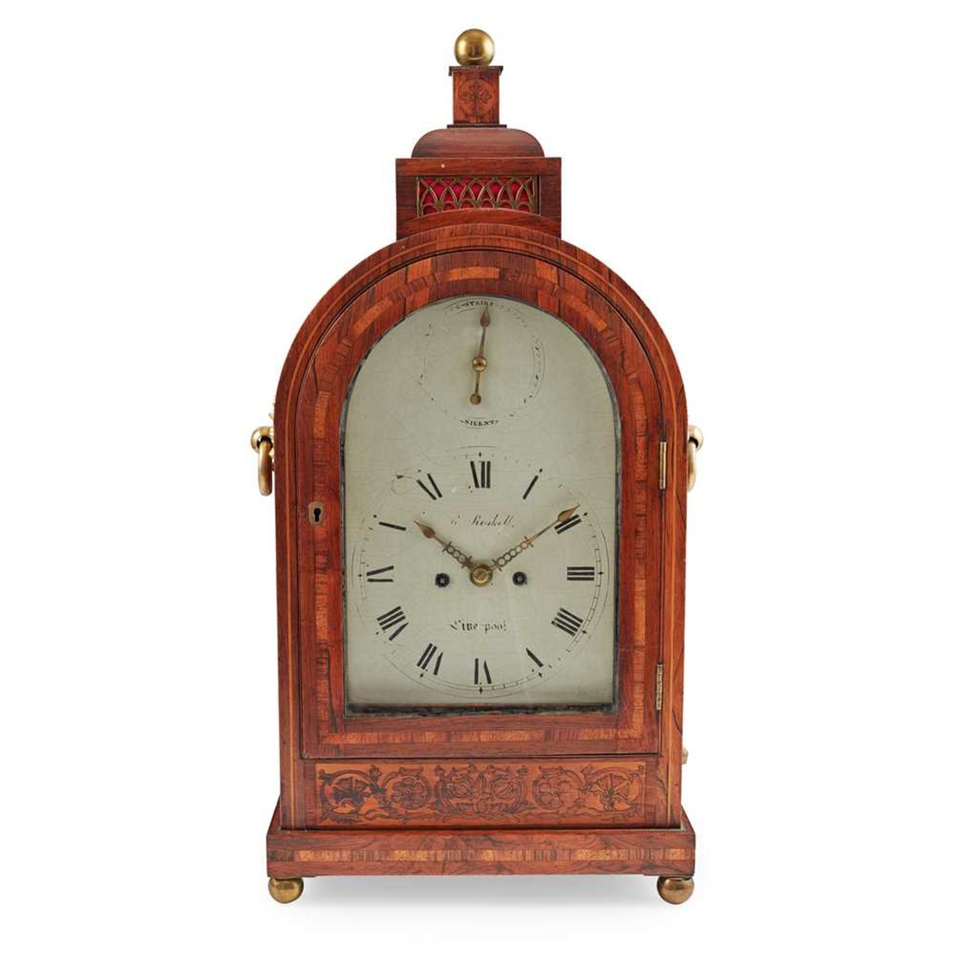Y REGENCY ROSEWOOD, GONCALO ALVES, AND MARQUETRY BRACKET CLOCK, ROBERT ROSKELL, LIVERPOOL EARLY 19TH