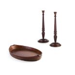 GEORGE III MAHOGANY TRAY AND CANDLESTICKS 18TH CENTURY