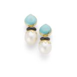 A pair of turquoise, onyx and cultured pearl pendent earrings