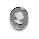 An opal, onyx and diamond cameo brooch