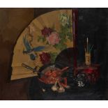 § NORMAN KIRKHAM R.G.I. (SCOTTISH 1936-2021) STILL LIFE WITH FAN AND PRAWNS