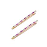 A pair of diamond and pink sapphire hair pins