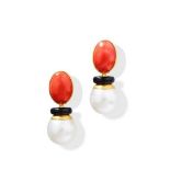A pair of coral, onyx and cultured pearl earrings