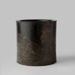 RARE ZITAN INCISED AND COLOURED 'BEAUTY BATHING' BRUSH POT QING DYNASTY, 17TH-18TH CENTURY
