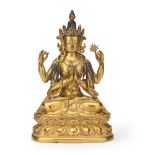 CAST AND REPOUSSÉ GILT BRONZE FIGURE OF CHATURBHUJA LOKESHVARA QING DYNASTY, QIANLONG PERIOD