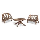 PAIR OF 'RUSTIC' TWIG GARDEN BENCHES AND TABLE EARLY 20TH CENTURY