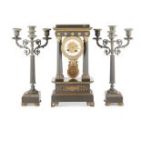 FRENCH PATINATED BRONZE AND BRASS PORTICO CLOCK GARNITURE EARLY 20TH CENTURY