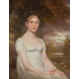 SCOTTISH SCHOOL C.1810 THREE QUARTER LENGTH PORTRAIT OF AGNES CRAWFORD SEATED IN WOODLAND