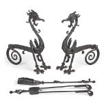 PAIR OF ENGLISH GOTHIC REVIVAL WROUGHT IRON FIRE DOGS LATE 19TH CENTURY
