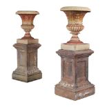 PAIR OF SCOTTISH FIRECLAY URNS AND PEDESTALS 19TH CENTURY