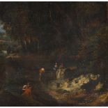 ATTRIBUTED TO CORNELIS HUYSMANS (DUTCH 1648-1727) A WOODED LANDSCAPE WITH WOMEN BY A STREAM