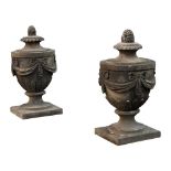 PAIR OF CARVED SANDSTONE ADAM STYLE URNS 19TH CENTURY