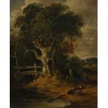 ATTRIBUTED TO JOHN CROME A WOODED RIVER LANDSCAPE WITH BRIDGE