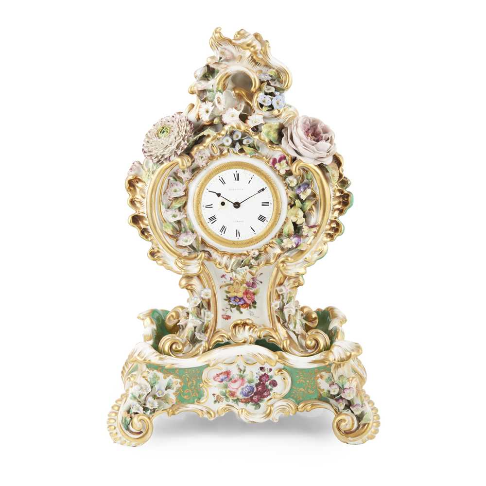 JACOB PETIT PORCELAIN FLOWER ENCRUSTED MANTEL CLOCK AND STAND 19TH CENTURY