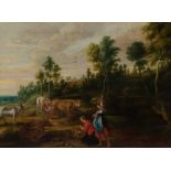 17TH CENTURY FLEMISH SCHOOL A WOODED LANDSCAPE WITH FIGURES AND ANIMALS