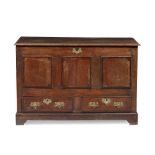 GEORGIAN OAK AND MAHOGANY THREE-PANEL MULE CHEST 18TH CENTURY