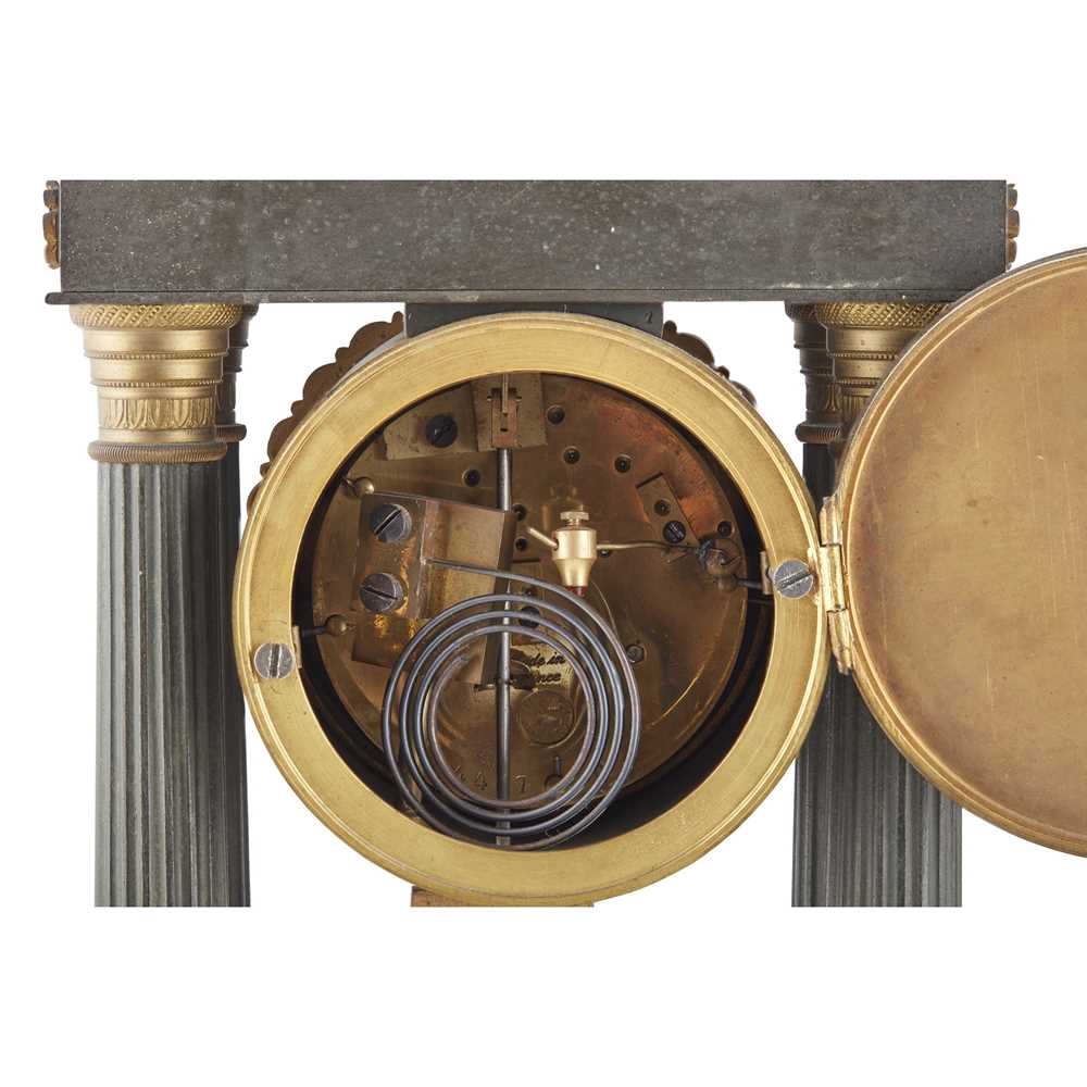 FRENCH PATINATED BRONZE AND BRASS PORTICO CLOCK GARNITURE EARLY 20TH CENTURY - Image 2 of 3