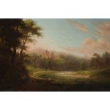 MANNER OF ALEXANDER NASMYTH RIVER LANDSCAPE WITH TRAVELLERS ON A PATH, CASTLE RAMPARTS BEYOND