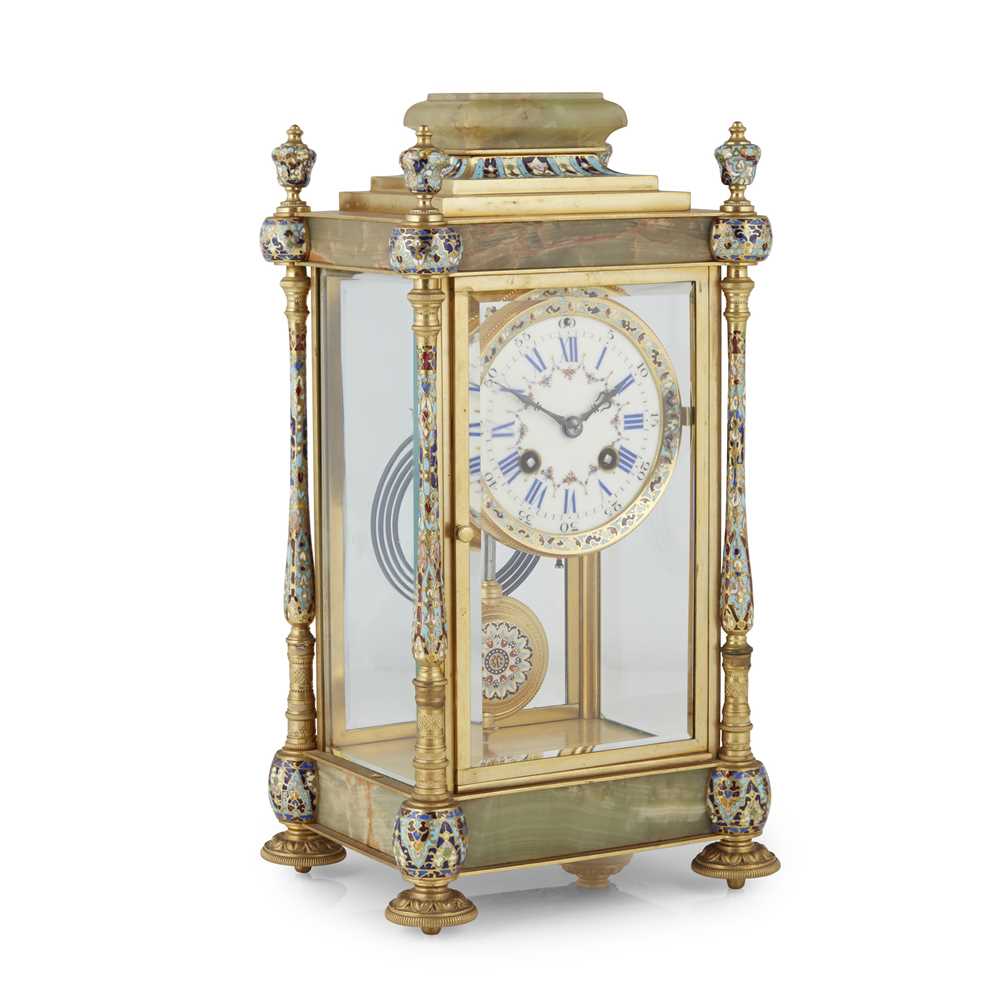 FRENCH GREEN ONYX AND CHAMPLEVÉ ENAMEL MANTEL CLOCK LATE 19TH CENTURY - Image 2 of 6