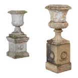 TWO SCOTTISH FIRE CLAY URNS AND PEDESTALS 19TH CENTURY