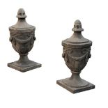 PAIR OF CARVED SANDSTONE ADAM STYLE URNS 19TH CENTURY