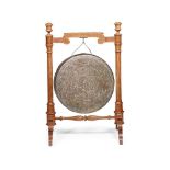 VICTORIAN OAK AND BRONZE DINNER GONG LATE 19TH CENTURY