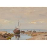 § WILLIAM MILLER FRAZER R.S.A. (SCOTTISH 1864-1961) COAL BOAT UNLOADING, BLACKWATERFOOT ARRAN