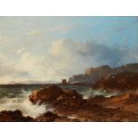 HORATIO MCCULLOCH R.S.A. (SCOTTISH 1805-1867) A ROCKY SHORELINE WITH DISTANT TOWER