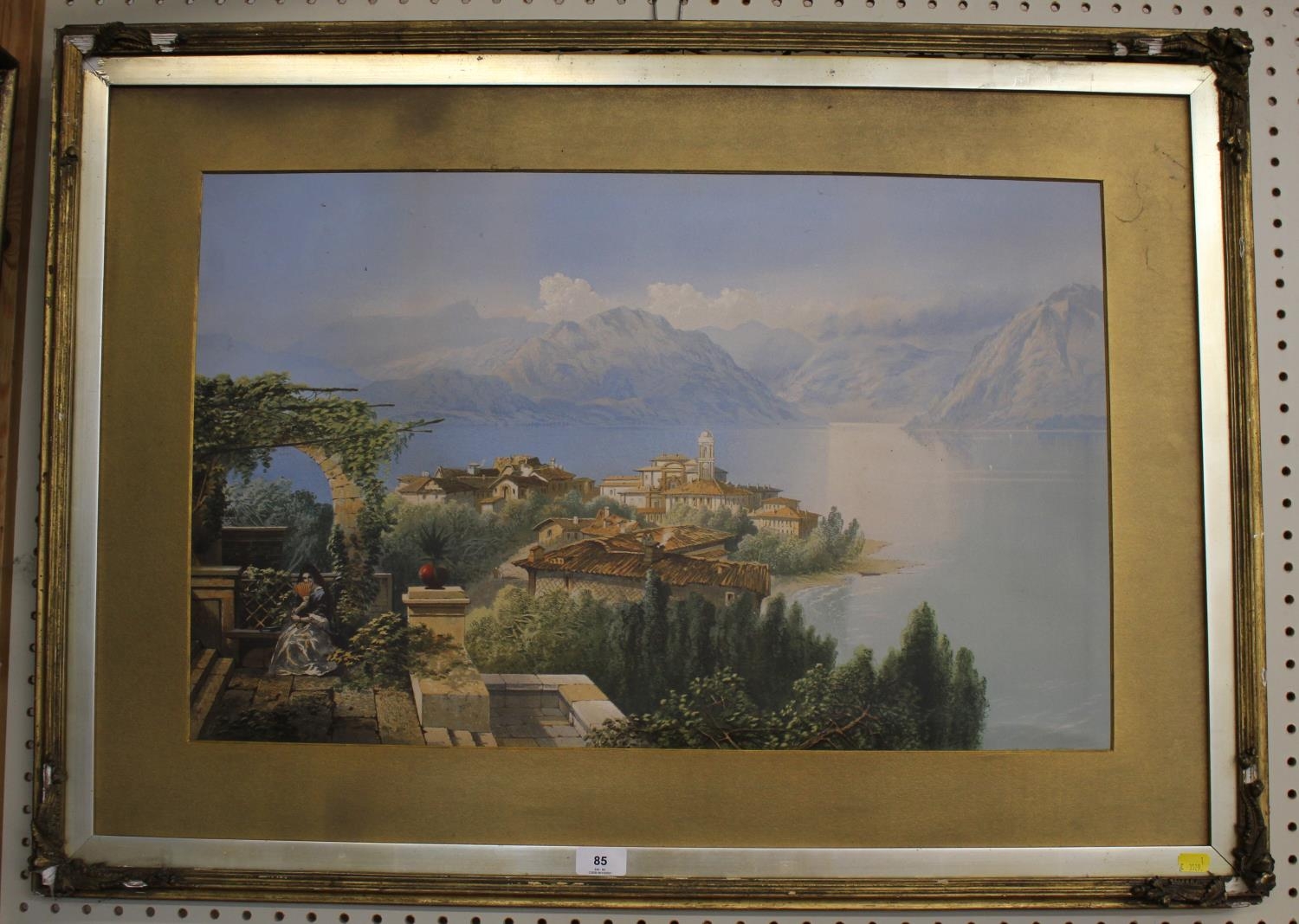 19th century Lady seated in an Italian lake landscape lithograph highlighted with colour 44 x 70 cm