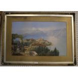 19th century Lady seated in an Italian lake landscape lithograph highlighted with colour 44 x 70 cm