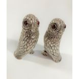 A Pair of Silver Coloured Metal Owl Condiments. Apparently unmarked. With red glass eyes. 8.5 cm
