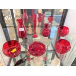 Whitefriars red glass including 'controlled bubble' bowl 11 cm diameter, three bowls, two vases