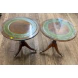 A Pair of Modern Mahogany Glass Top Tripod Coffee Tables. With inset leather tops. 50cm x 52cm