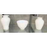 Art glass mottled white bowl 24cm diameter, similar vase 24 cm and a baluster vase 28cm