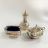 A Three Piece Sterling Silver Condiment Set. Sheffield 1905. With blue glass liners. 143 grams