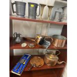 A copper kettle and other copper wares, pewter jugs and tankards, two brass vases, bread knife and