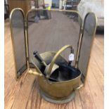 A brass folding fire screen, coal bucket and tongs
