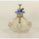 A Cut Glass Atomiser. With white metal mounts and blue enamel decoration.13cm high.
