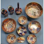Japanese Imari bowls 13cm to 26cm (7), bottle vase 22 cm, pair of vases 16cm, and a Noritake dish (