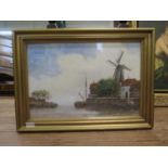 Jan van Couver (AKA Hermanus Koekkoek II). (1836-1909) Dutch watercolour. Canal with windmill.