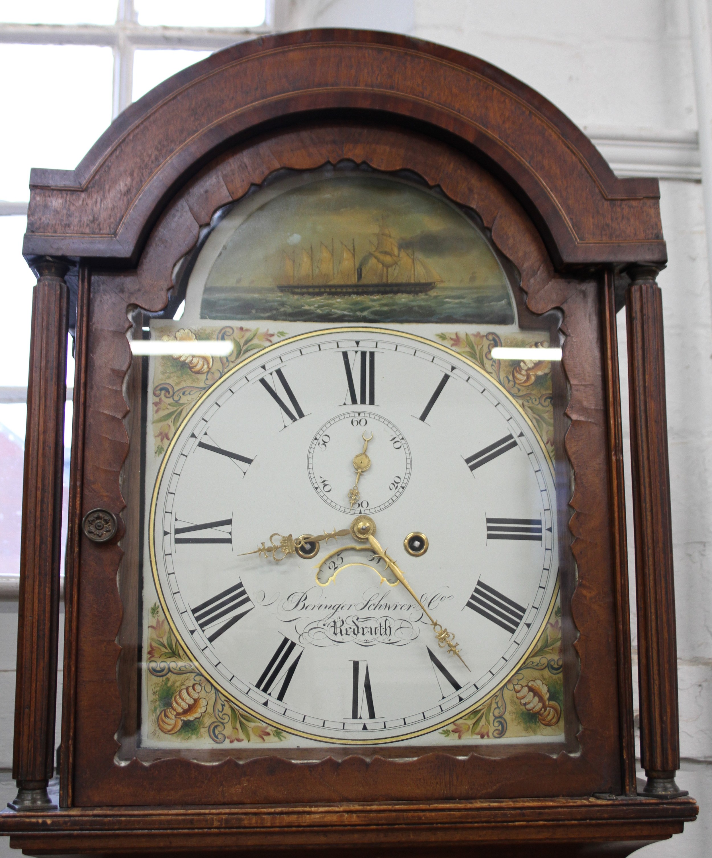 A Cornish long case clock. Mid 19th Century. Mahogany case. 8 day. Painted arch dial with 12" main - Image 2 of 3