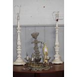 A lamp base 73cm, another similar 70cm, an alabaster lamp base and two glass hanging accessories