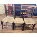 A Pair of Elm and Beech Rush Seat Chairs. Possibly early 19th century. And a Victorian chair.