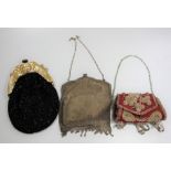 Three bags to include Silver Plated Bag, Two Glass Pearl Beaded Bags
