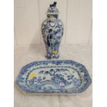 A Chinese blue & white octagonal dish 27cm wide and a baluster vase and cover (damage to neck)